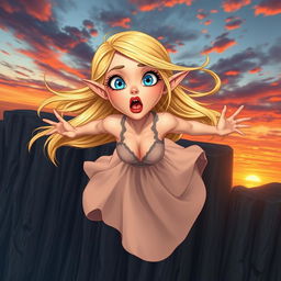 A stunning blonde toon elf woman with bright blue eyes and vibrant red lips, depicted in a moment of surprise as she falls off a cliff