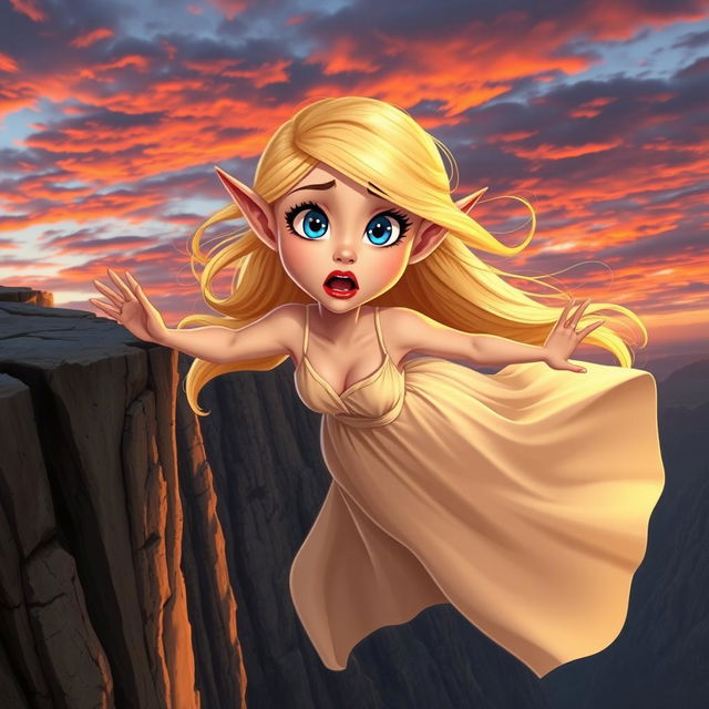 A stunning blonde toon elf woman with bright blue eyes and vibrant red lips, depicted in a moment of surprise as she falls off a cliff