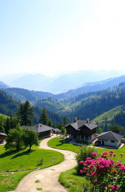 A beautiful landscape of Uttarakhand showcasing serene hills, lush green valleys, and traditional Indian architecture