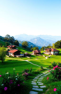 A beautiful landscape of Uttarakhand showcasing serene hills, lush green valleys, and traditional Indian architecture
