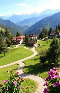 A beautiful landscape of Uttarakhand showcasing serene hills, lush green valleys, and traditional Indian architecture