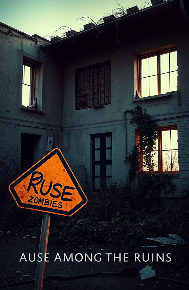 A book cover depicting an old, abandoned building with cracked walls and broken windows, overgrown with vines and debris scattered around