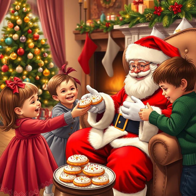 A delightful scene depicting children joyfully offering freshly baked cookies to Santa Claus, who is sitting on a cozy chair with a warm smile