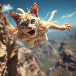 A breathtaking scene of a beautiful blonde anthro cat woman with striking blue eyes and vibrant red lips