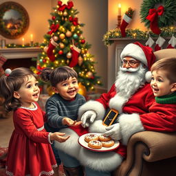 A delightful scene depicting children joyfully offering freshly baked cookies to Santa Claus, who is sitting on a cozy chair with a warm smile