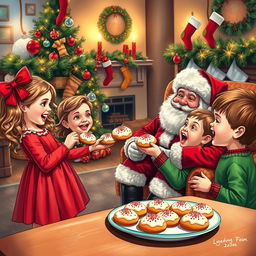 A delightful scene depicting children joyfully offering freshly baked cookies to Santa Claus, who is sitting on a cozy chair with a warm smile