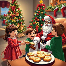 A delightful scene depicting children joyfully offering freshly baked cookies to Santa Claus, who is sitting on a cozy chair with a warm smile