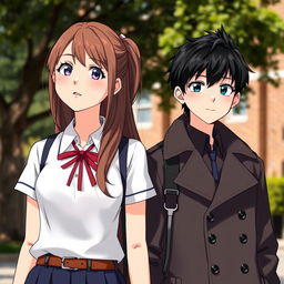 A high school scene featuring a 17-year-old girl with long ash brown hair, wearing a stylish school uniform