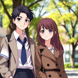 A high school scene featuring a 17-year-old girl with long ash brown hair, wearing a stylish school uniform