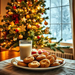 A cozy and inviting scene featuring a plate of freshly baked cookies and a glass of milk placed under a beautifully decorated Christmas tree