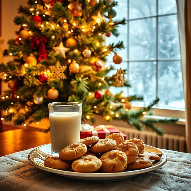 A cozy and inviting scene featuring a plate of freshly baked cookies and a glass of milk placed under a beautifully decorated Christmas tree