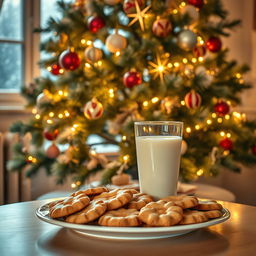 A cozy and inviting scene featuring a plate of freshly baked cookies and a glass of milk placed under a beautifully decorated Christmas tree