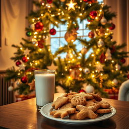 A cozy and inviting scene featuring a plate of freshly baked cookies and a glass of milk placed under a beautifully decorated Christmas tree
