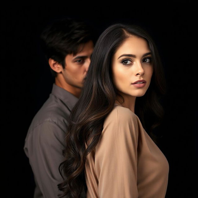 A dramatic and stylized portrait of a woman with long, wavy dark hair, wearing a neutral-toned blouse, standing in the foreground