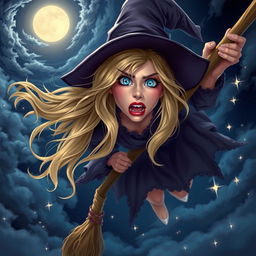 A beautiful blonde witch with sparkling blue eyes and vibrant red lips