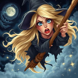 A beautiful blonde witch with sparkling blue eyes and vibrant red lips
