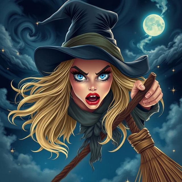 A beautiful blonde witch with sparkling blue eyes and vibrant red lips