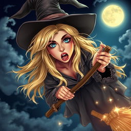 A beautiful blonde witch with sparkling blue eyes and vibrant red lips