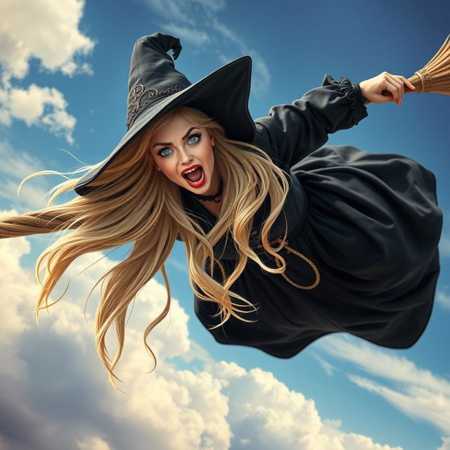 A stunning blonde witch with striking blue eyes and vibrant red lips, exuding charm and beauty, is captured mid-air, falling from her flying broomstick