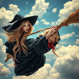 A stunning blonde witch with striking blue eyes and vibrant red lips, exuding charm and beauty, is captured mid-air, falling from her flying broomstick