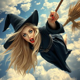 A stunning blonde witch with striking blue eyes and vibrant red lips, exuding charm and beauty, is captured mid-air, falling from her flying broomstick