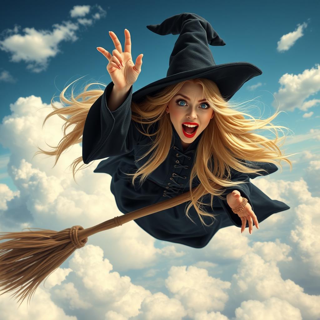 A stunning blonde witch with striking blue eyes and vibrant red lips, exuding charm and beauty, is captured mid-air, falling from her flying broomstick