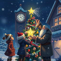 A magical winter scene at night, featuring Chole, Michelle, Mr