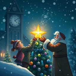 A magical winter scene at night, featuring Chole, Michelle, Mr
