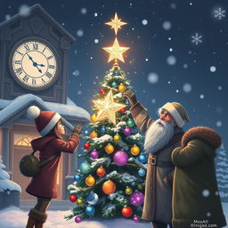 A magical winter scene at night, featuring Chole, Michelle, Mr