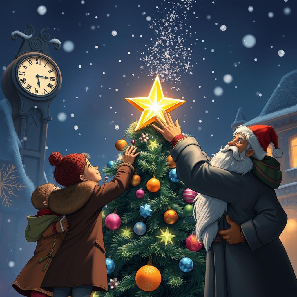 A magical winter scene at night, featuring Chole, Michelle, Mr