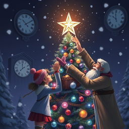 A magical winter scene at night, featuring Chole, Michelle, Mr