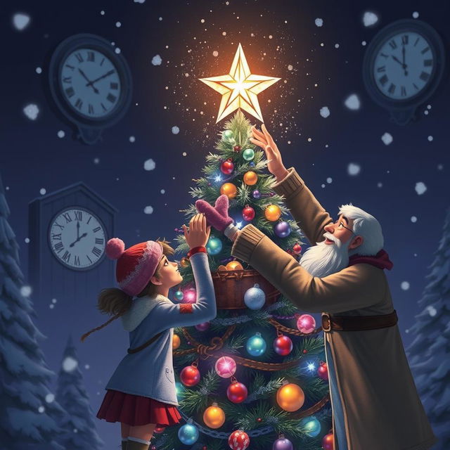 A magical winter scene at night, featuring Chole, Michelle, Mr