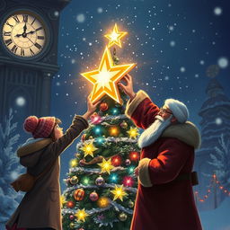 A magical winter scene at night, featuring Chole, Michelle, Mr