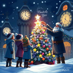 A magical winter scene at night, featuring Chole, Michelle, Mr