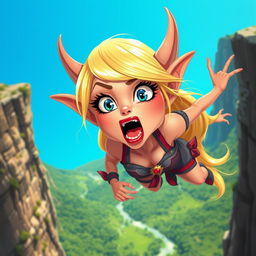 A beautiful blonde toon goblin woman with vibrant blue eyes and glossy red lips, depicted in mid-fall off a cliff