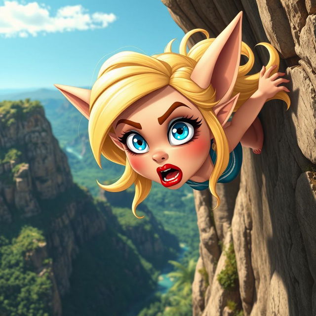 A beautiful blonde toon goblin woman with vibrant blue eyes and glossy red lips, depicted in mid-fall off a cliff