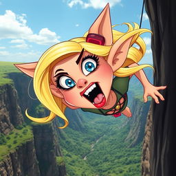 A beautiful blonde toon goblin woman with vibrant blue eyes and glossy red lips, depicted in mid-fall off a cliff