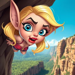 A beautiful blonde toon goblin woman with vibrant blue eyes and glossy red lips, depicted in mid-fall off a cliff