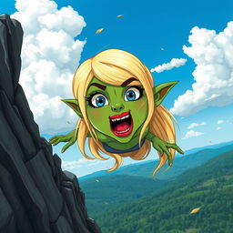 A beautiful blonde toon goblin woman with striking green skin, vibrant blue eyes, and bold red lips is depicted in a dramatic scene as she falls off a cliff