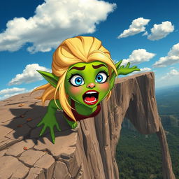 A beautiful blonde toon goblin woman with striking green skin, vibrant blue eyes, and bold red lips is depicted in a dramatic scene as she falls off a cliff