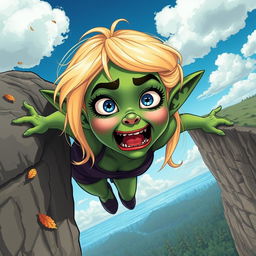A beautiful blonde toon goblin woman with striking green skin, vibrant blue eyes, and bold red lips is depicted in a dramatic scene as she falls off a cliff