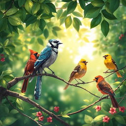 A beautifully detailed illustration of a variety of colorful birds perched on branches in a lush green forest