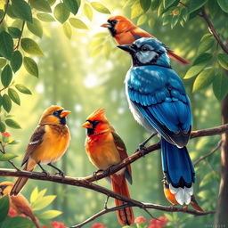 A beautifully detailed illustration of a variety of colorful birds perched on branches in a lush green forest