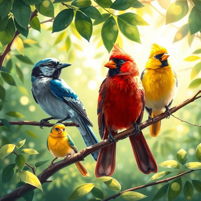 A beautifully detailed illustration of a variety of colorful birds perched on branches in a lush green forest