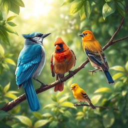 A beautifully detailed illustration of a variety of colorful birds perched on branches in a lush green forest
