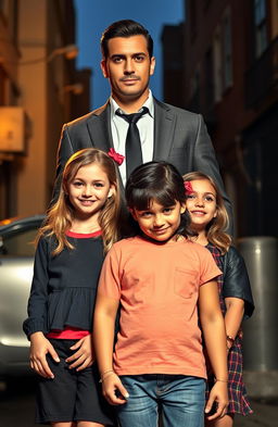 A handsome and charismatic mafia figure standing confidently behind twin girls, who are beautiful, cute and cheerful