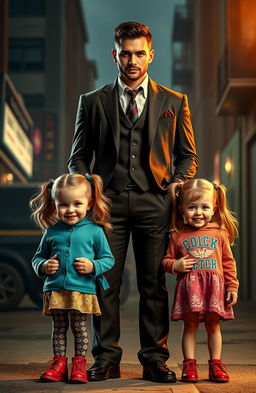 A handsome and charismatic mafia figure standing confidently behind twin girls, who are beautiful, cute and cheerful