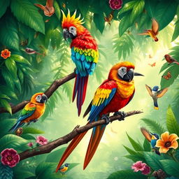 A vibrant illustration of various birds in a lush tropical rainforest