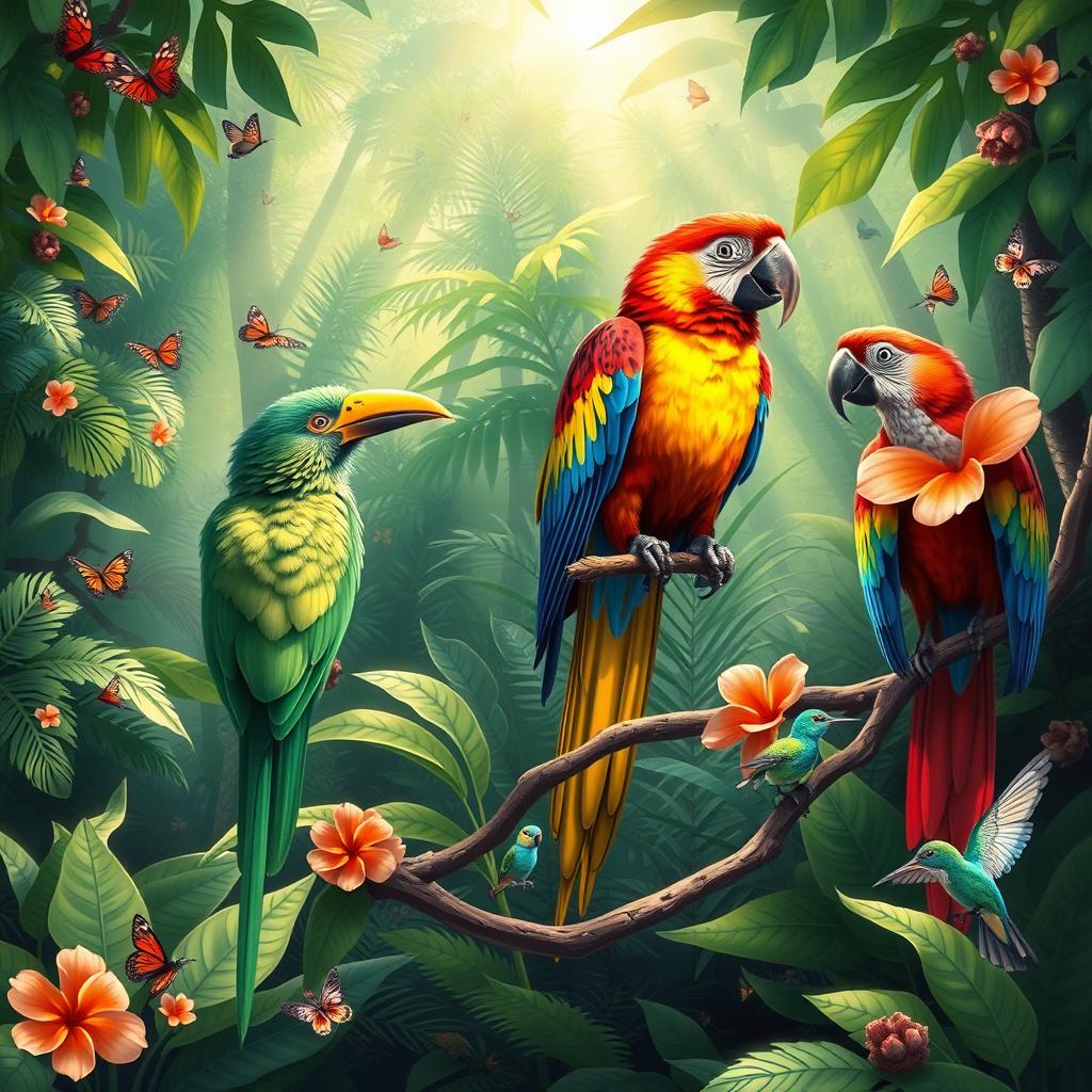 A vibrant illustration of various birds in a lush tropical rainforest