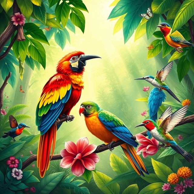 A vibrant illustration of various birds in a lush tropical rainforest